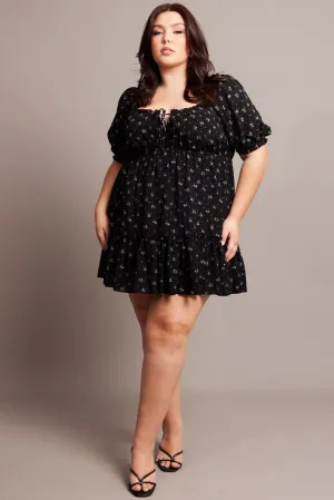 Black Ditsy Tie Front Mini Dress Chic Layer Romantic mini dress