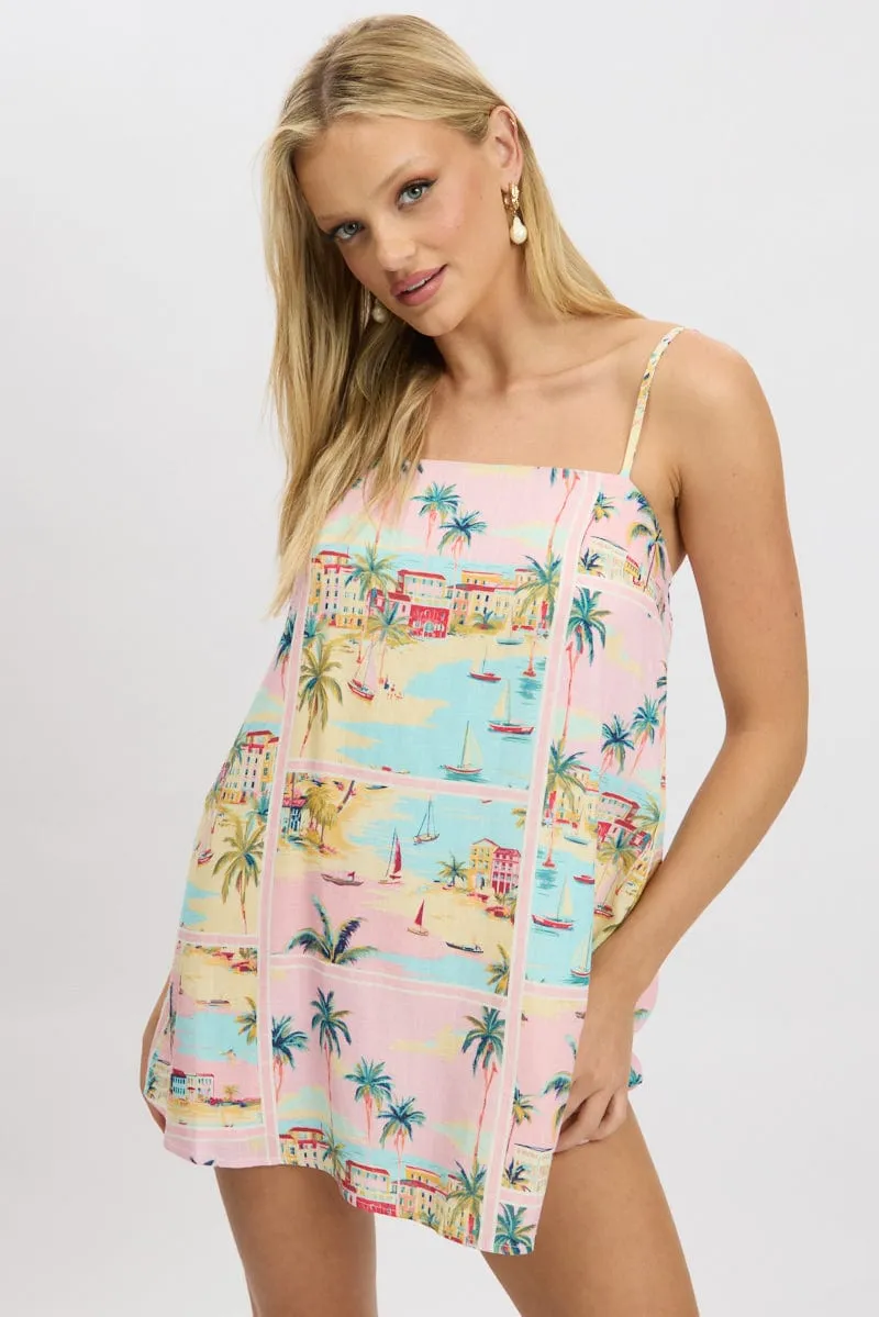 Sleek Fashion Relaxed Contour Multi Abstract Mini Dress Strappy Square Neck