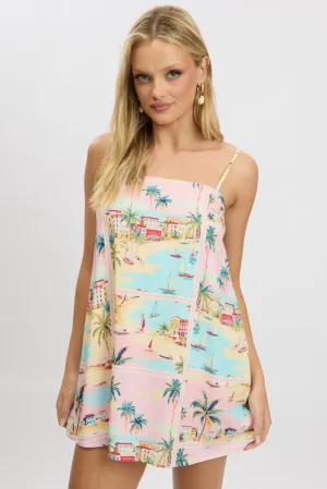 Relaxed Chic Look Multi Abstract Mini Dress Strappy Square Neck