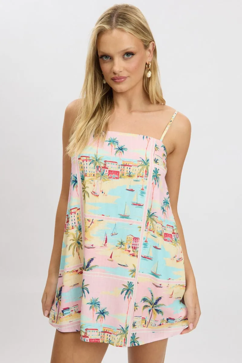 Relaxed Chic Look Multi Abstract Mini Dress Strappy Square Neck