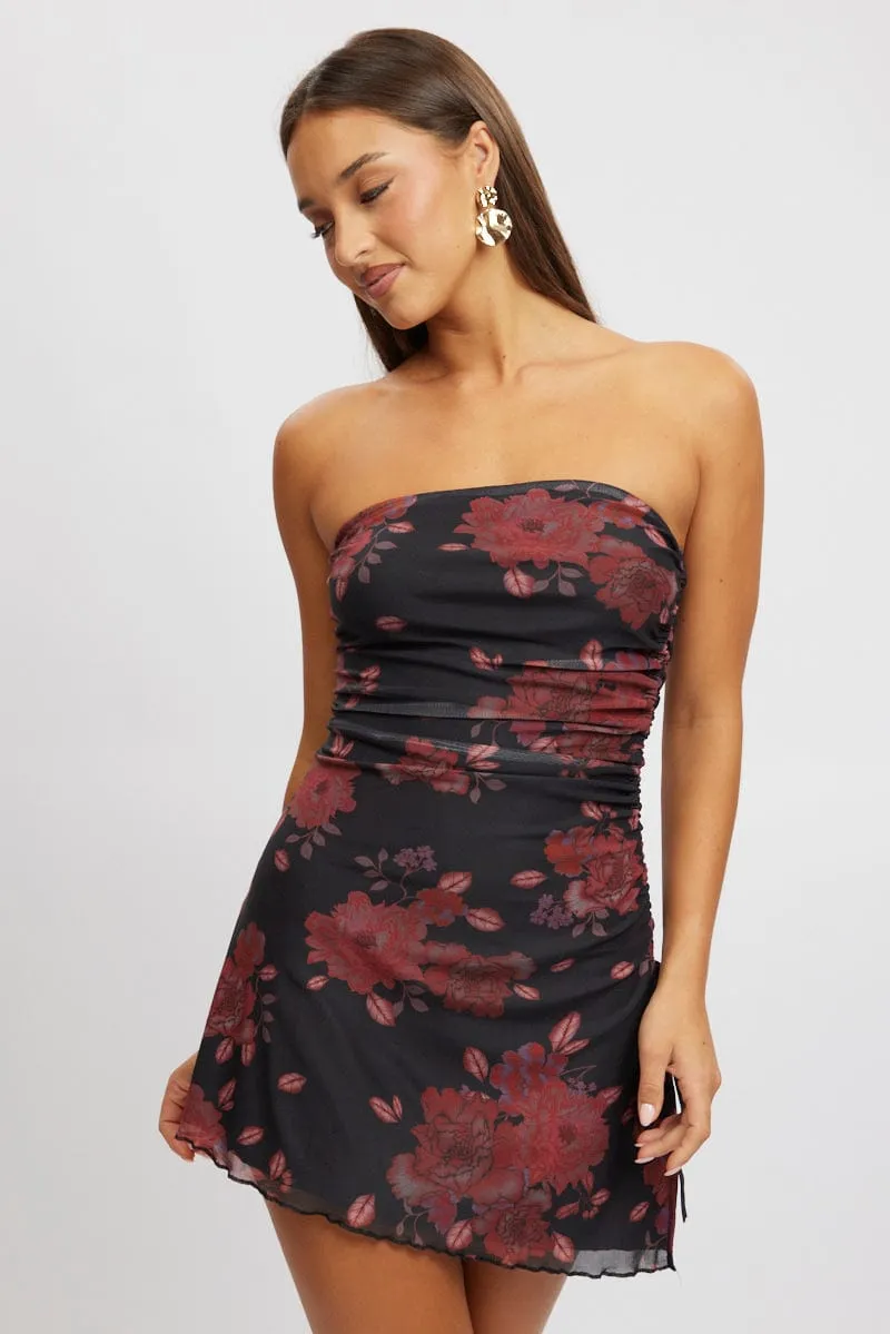 Black Floral Strapless Dress Mini Mesh Light Touch Minimalist Closure