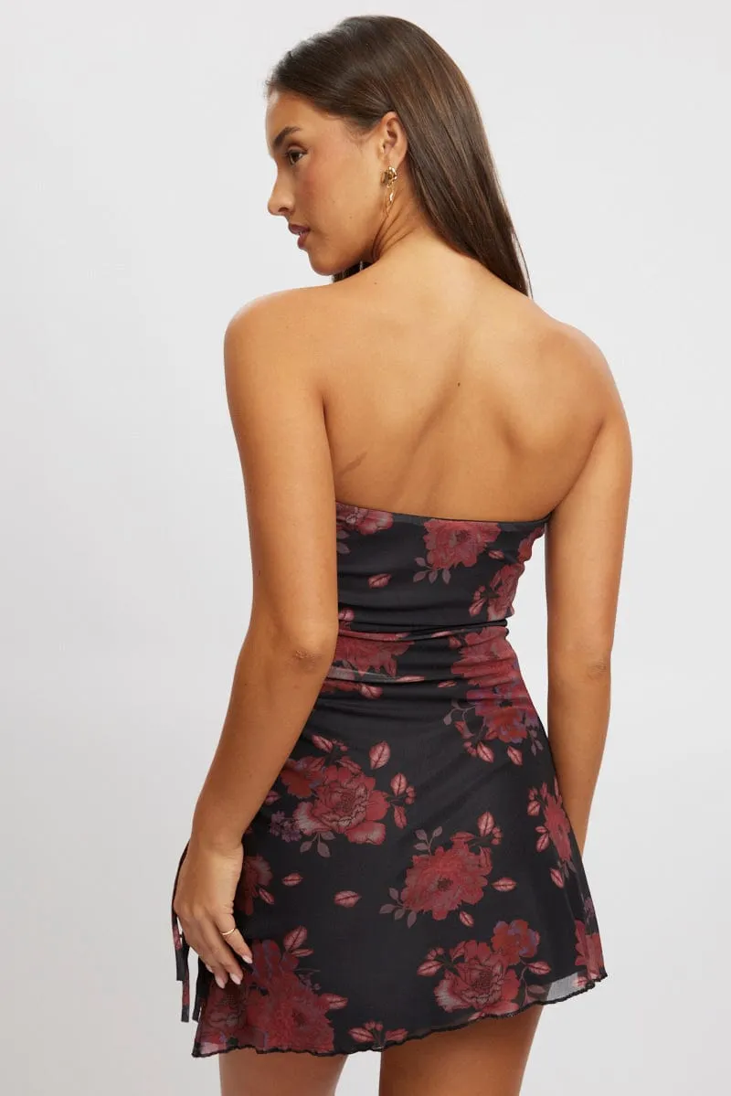 Black Floral Strapless Dress Mini Mesh Adjustable drawstring