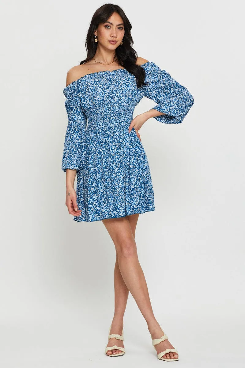 Scene Warm Print Mini Dress Off Shoulder