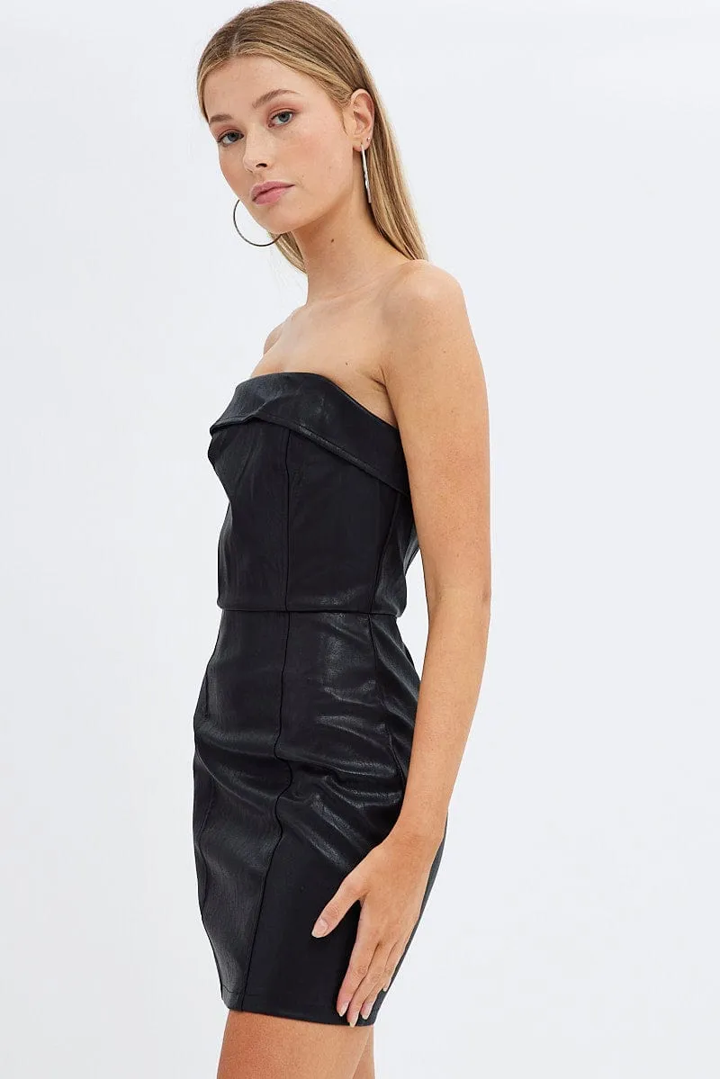 Stretchable Waistband Stylish Shoes Black Dress Boob Tube Bodycon Faux Leather