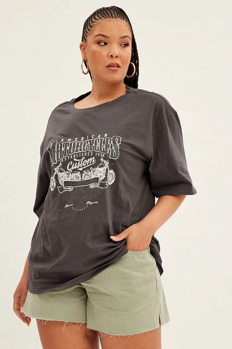 Summer Casual Grey Graphic T-shirt Short Sleeve
