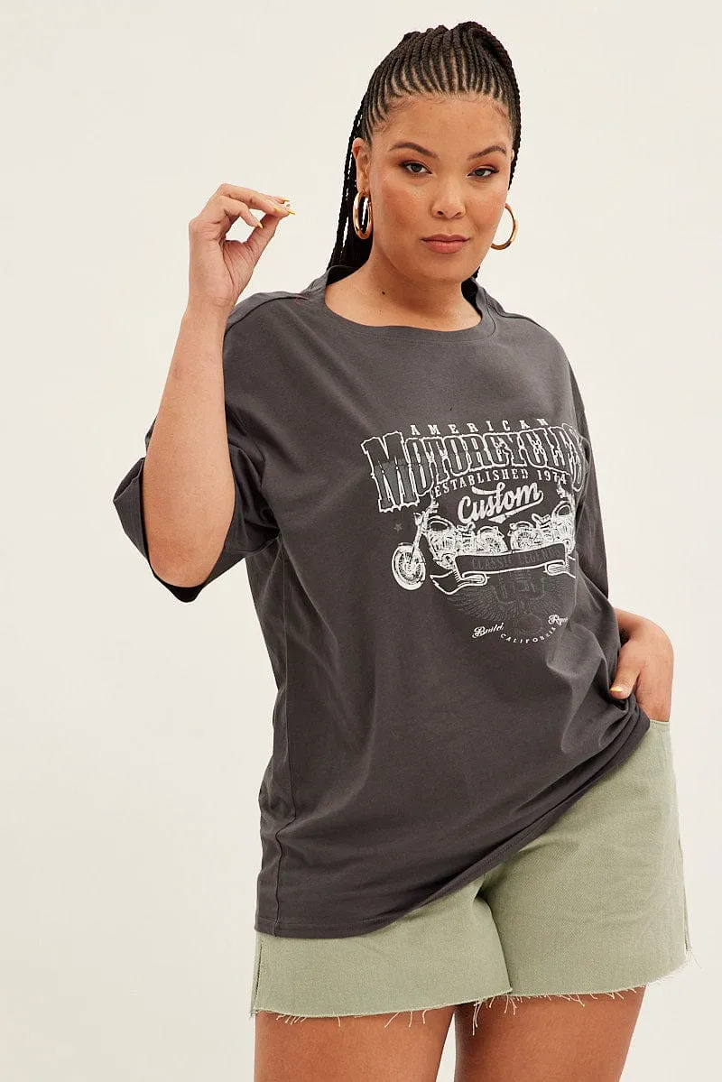 Grey Graphic T-shirt Short Sleeve Cozy Apparel Microfiber texture