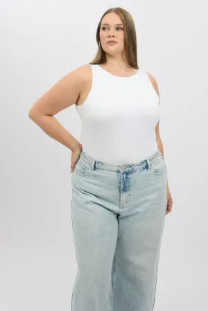 White Bodysuit Sleeveless Boat Neck Modal Relaxed Style Handmade Fit