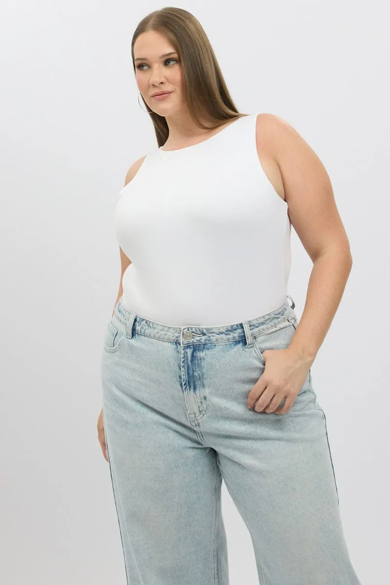 Warm Base White Bodysuit Sleeveless Boat Neck Modal