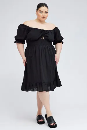 Black Mini Dress Bow Tie Peephole Front Show Chic Flattering Cut