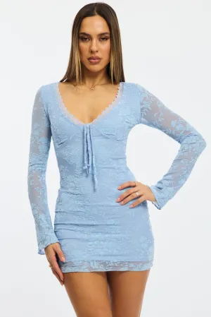 Blue Bodycon Dress Mini Long Sleeve Burnout Pop Look