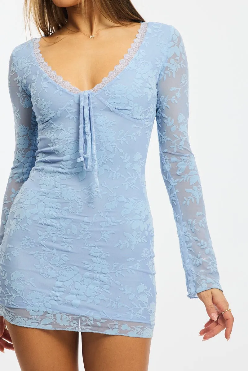 Blue Bodycon Dress Mini Long Sleeve Burnout Dance Floor