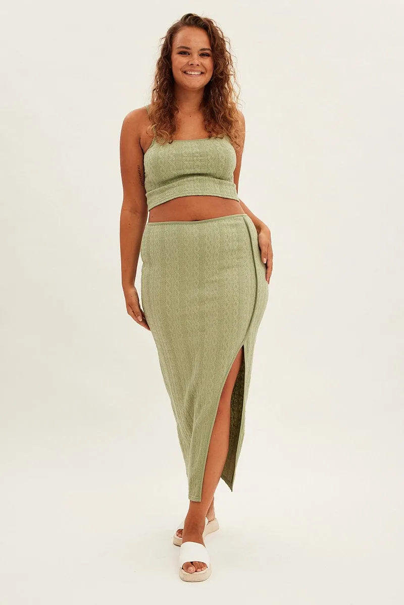 Green Midi Skirt Side Split Textured Jersey No Ride Up Opaque finish