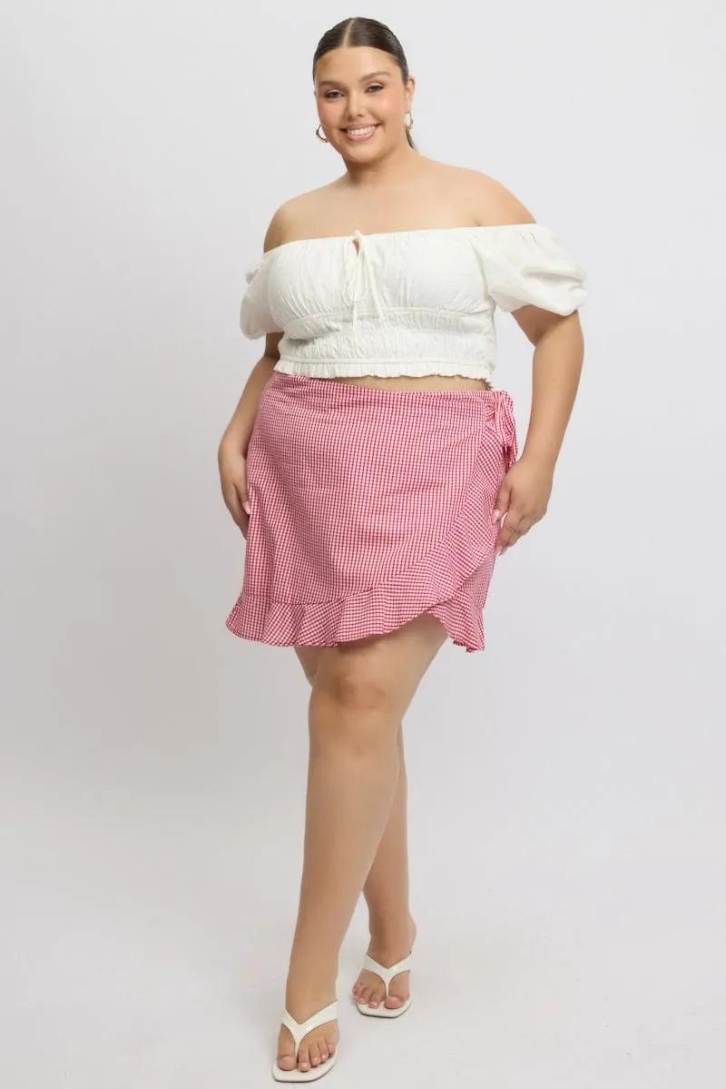Light Edge Red Check Wrap Gingham Mini Skirt