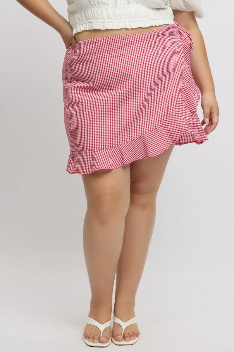 Red Check Wrap Gingham Mini Skirt Breezy Style Smooth Texture