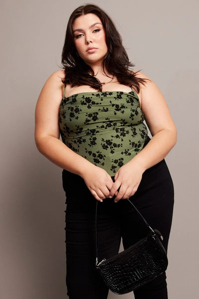 High-Waisted Pants Wardrobe Essential Green Ditsy Cami Top Sleeveless Corset