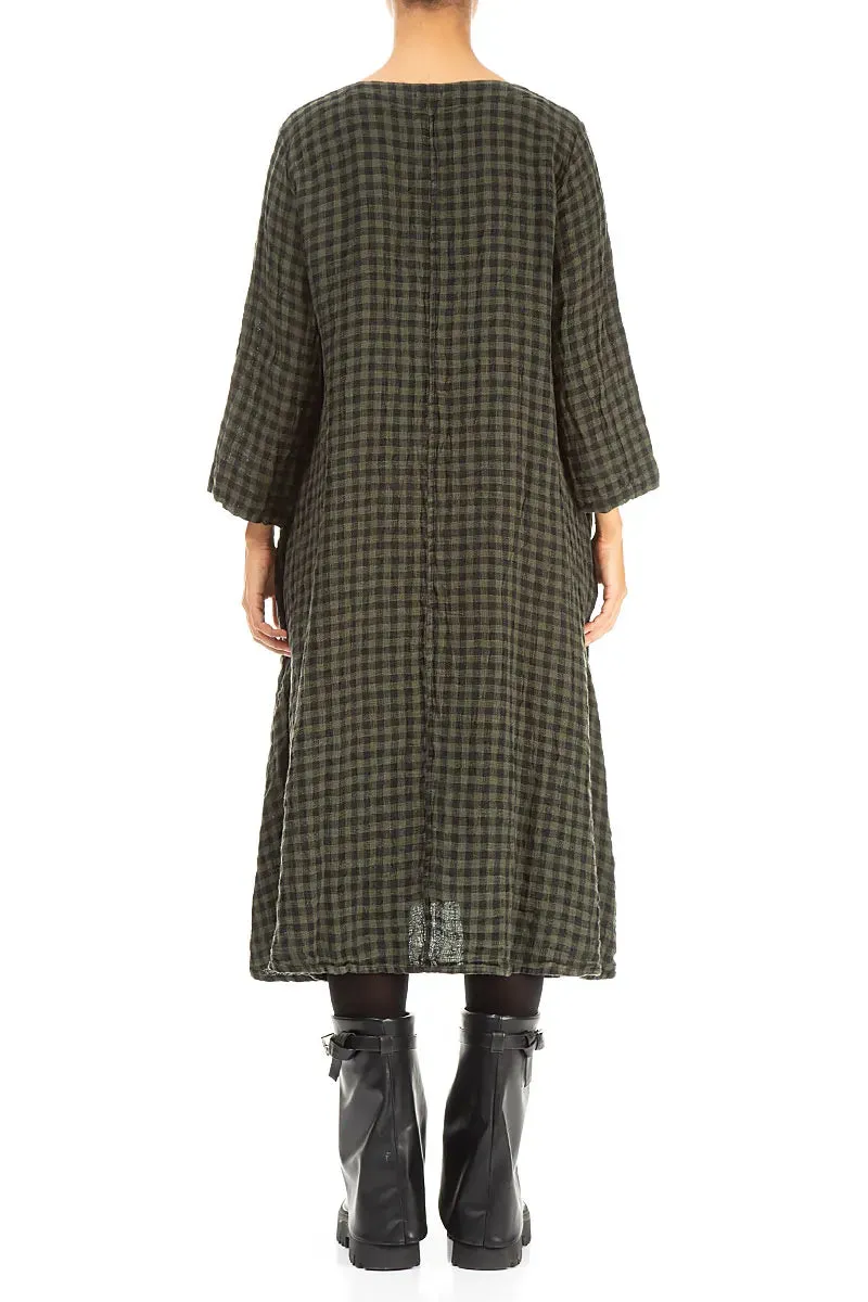 Comfort waistband Floaty Forest Mist Check Linen Midi Dress