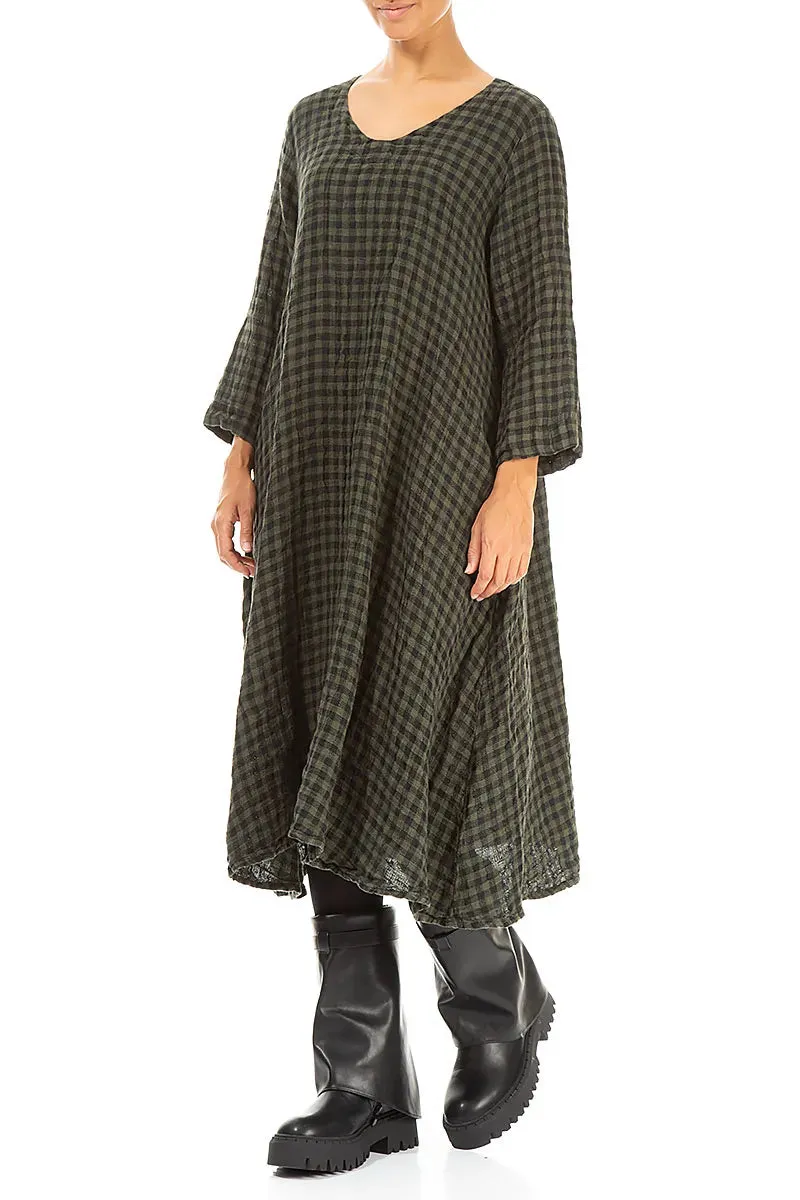 Calm Ease Floaty Forest Mist Check Linen Midi Dress