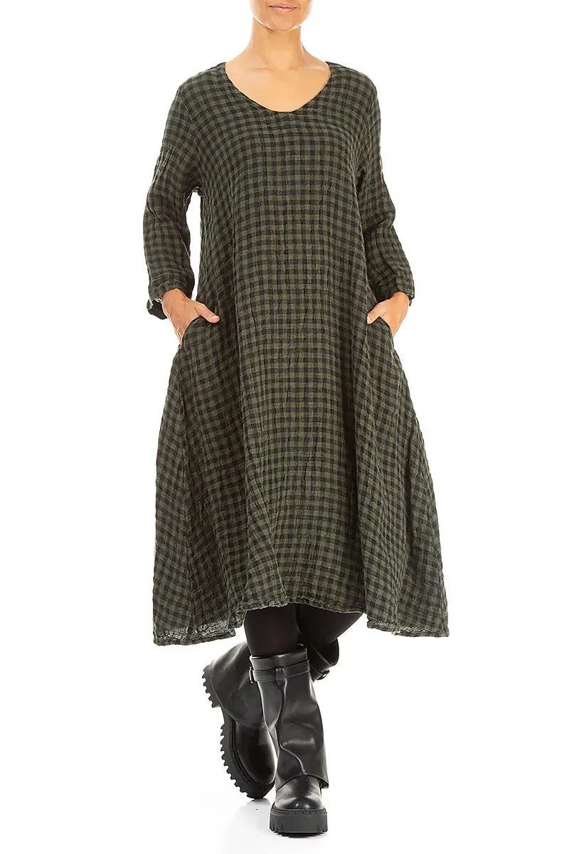 Fur Fit Lean Glow Floaty Forest Mist Check Linen Midi Dress
