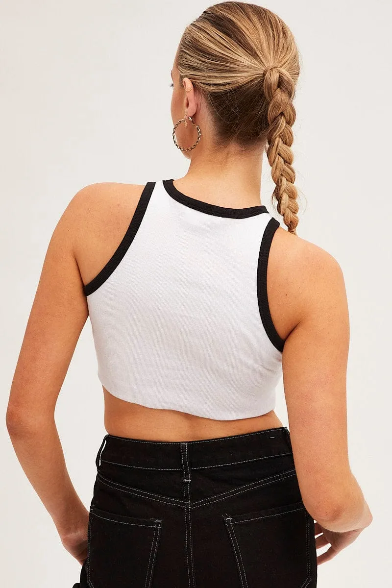 Elegant Dress Comfortable Design White Tank Top Round Neck Contrast Bind New York Rib