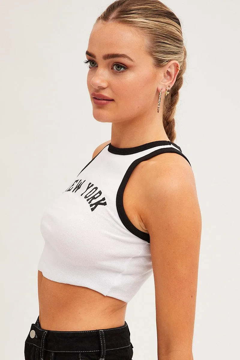 White Tank Top Round Neck Contrast Bind New York Rib Active Wear