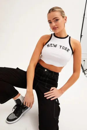 White Tank Top Round Neck Contrast Bind New York Rib Vegan Mood