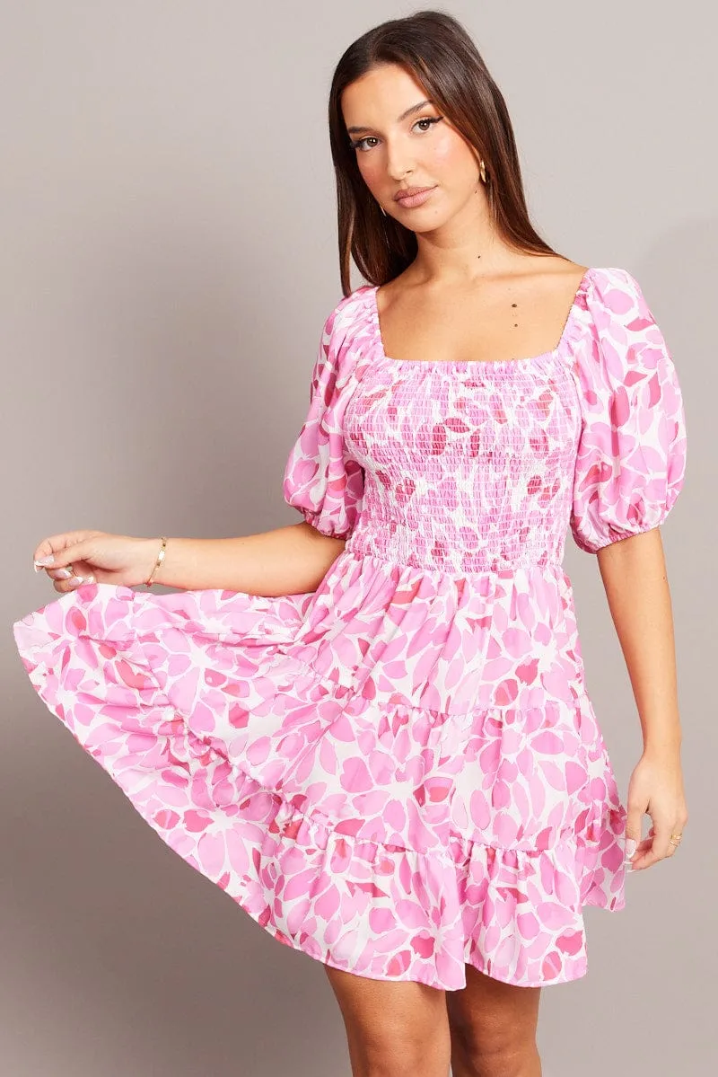 Park Day Pink Floral Fit And Flare Dress Puff Sleeve