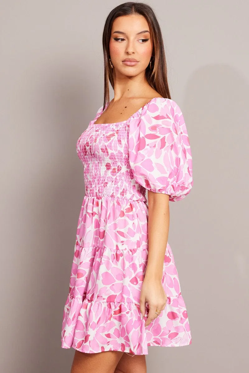 Planet Glow ButterSoftKnit Pink Floral Fit And Flare Dress Puff Sleeve