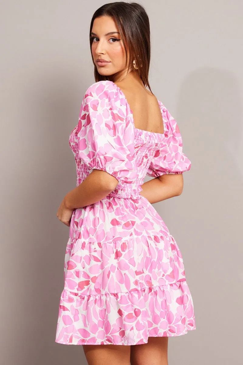 NonBindingEdges Pink Floral Fit And Flare Dress Puff Sleeve