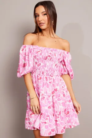 Relaxed Layer Comfort sleepwear Pink Floral Fit And Flare Dress Puff Sleeve
