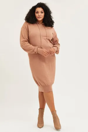 nautical print Brown Plus Long Sleeve Hoodie Knit Dress
