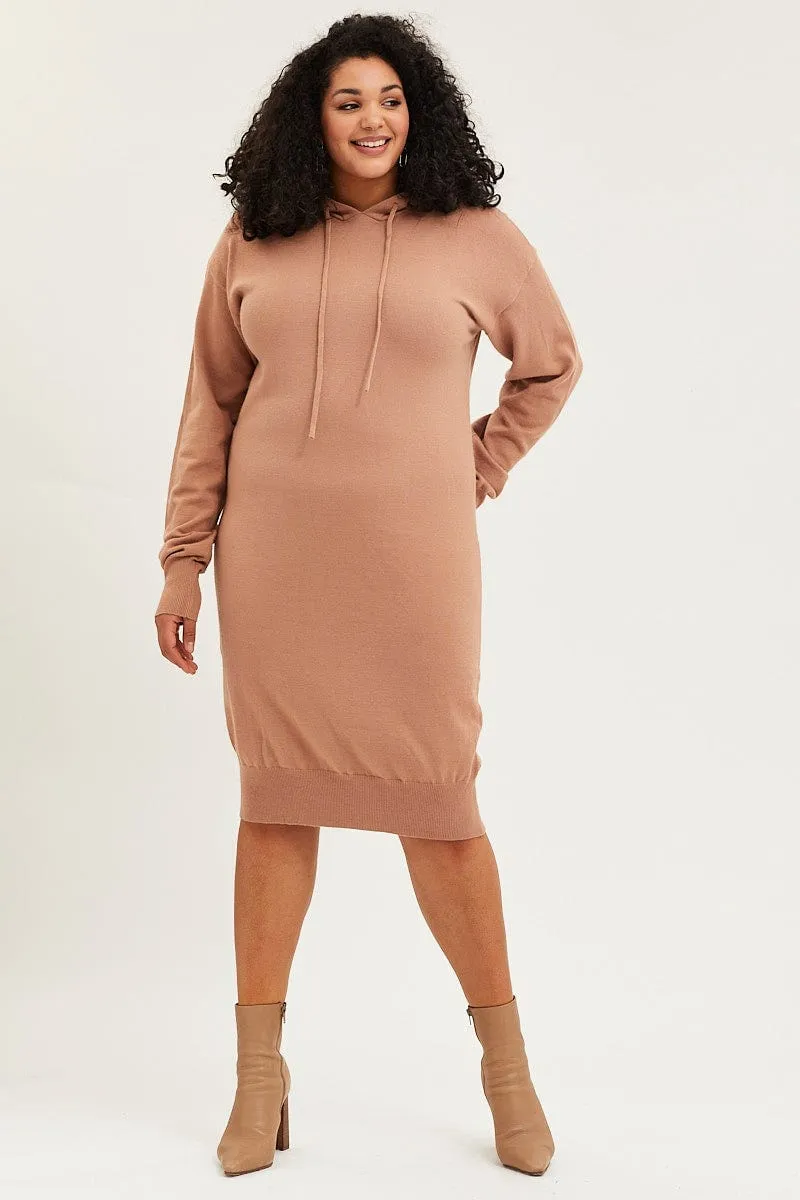 Casual Elegance Camping Comfort Brown Plus Long Sleeve Hoodie Knit Dress