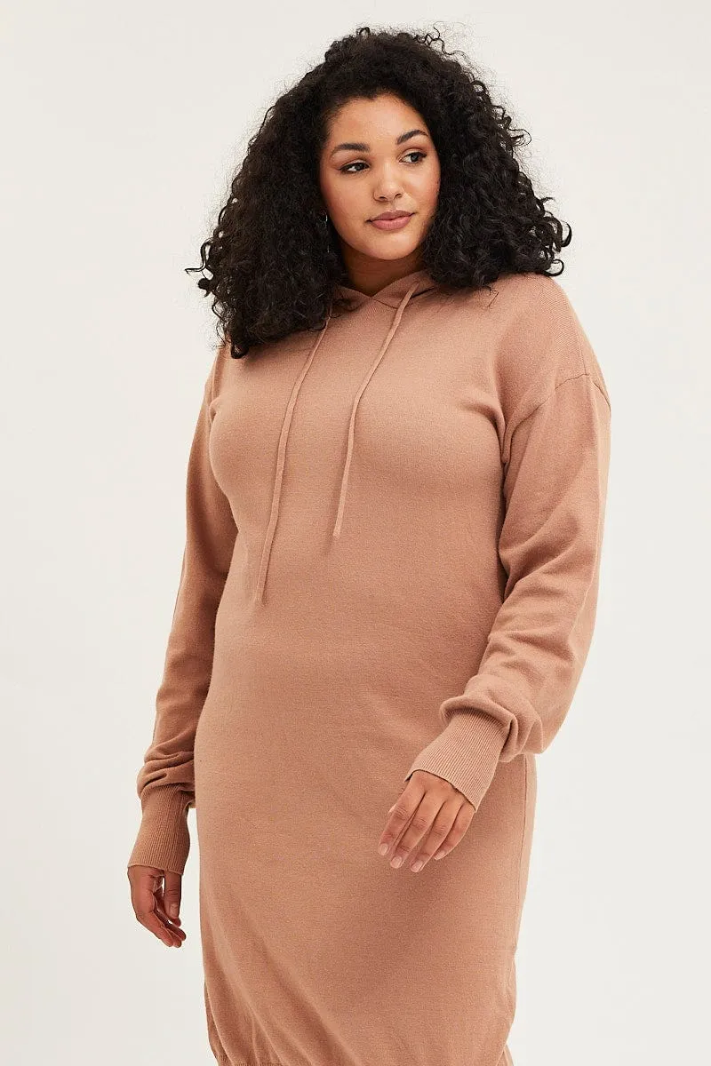 Water Resistant Brown Plus Long Sleeve Hoodie Knit Dress
