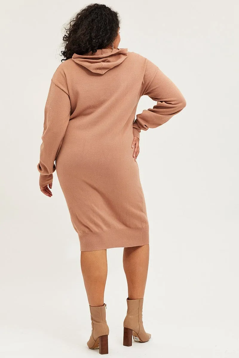 Brown Plus Long Sleeve Hoodie Knit Dress Beach Style Street Active