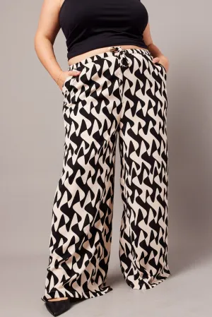 Black Abstract Wide Leg Pants High Rise Breathable mesh lining Stain Resistant Weave