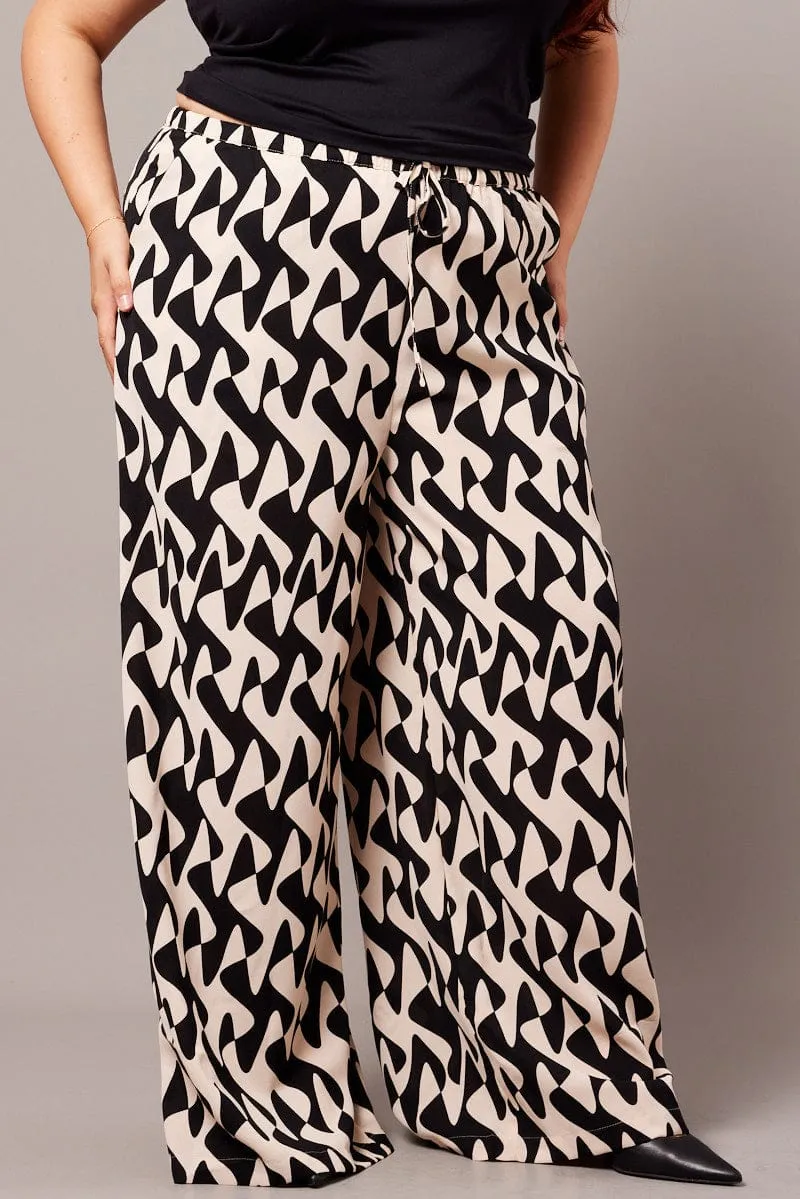 LightweightWeave Frayed hem Black Abstract Wide Leg Pants High Rise