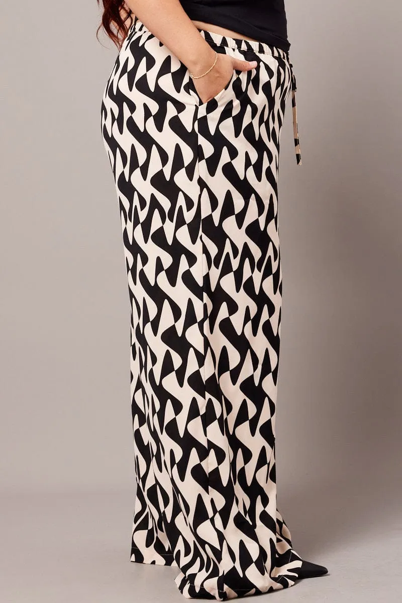 Minimalist Design RipstopFabric Black Abstract Wide Leg Pants High Rise