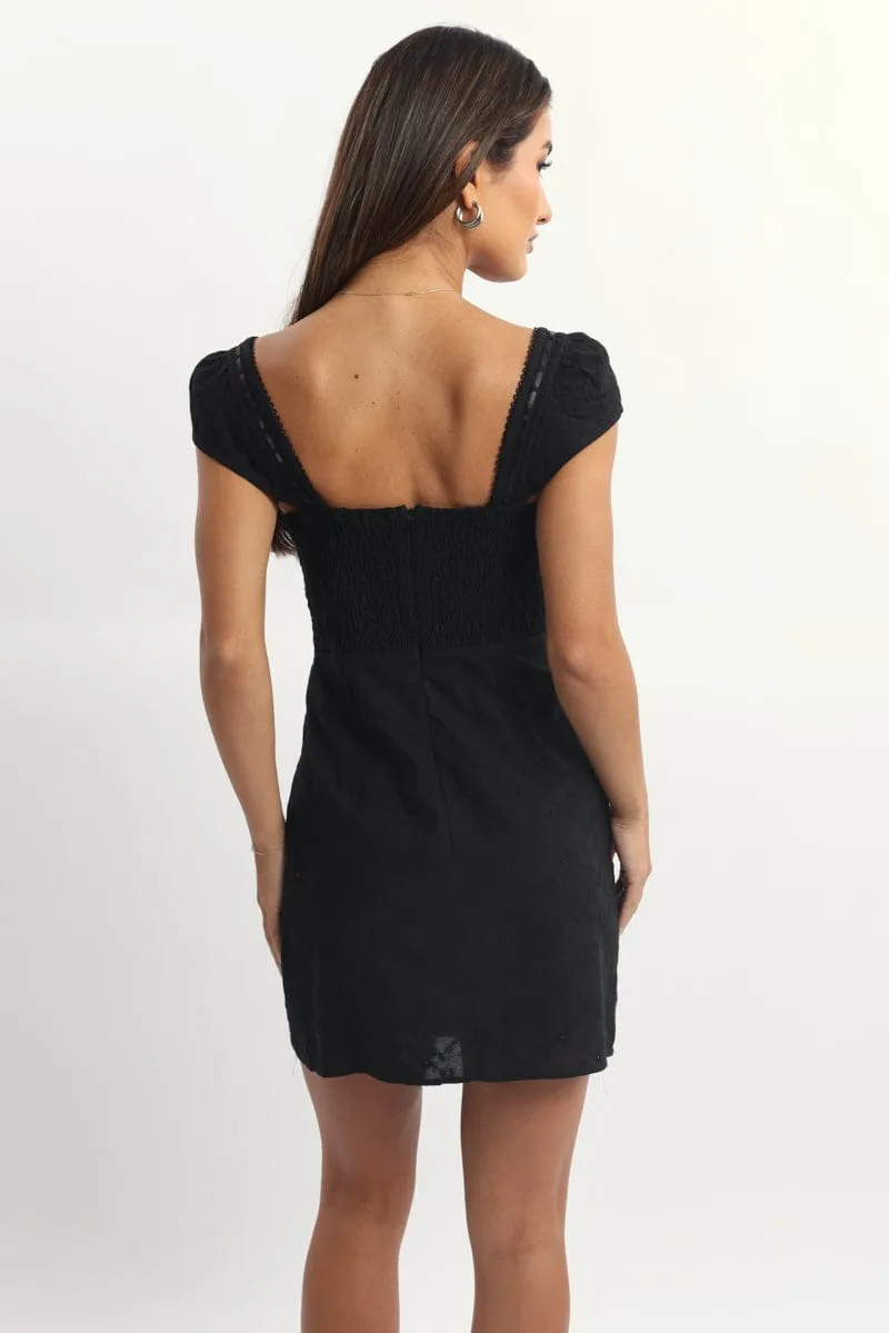 Quick Glam Built In Pockets Black Mini Dress Ribbon Detail Eyelet Fabric