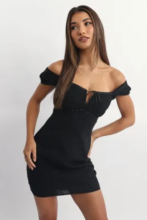 Black Mini Dress Ribbon Detail Eyelet Fabric Bright-colored mini