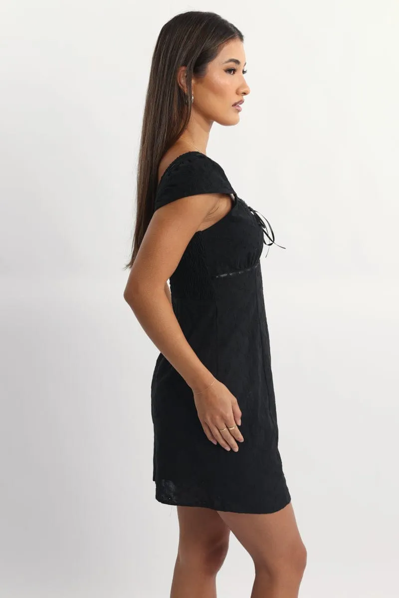 Reinforced Elbows Night Sparkle Black Mini Dress Ribbon Detail Eyelet Fabric