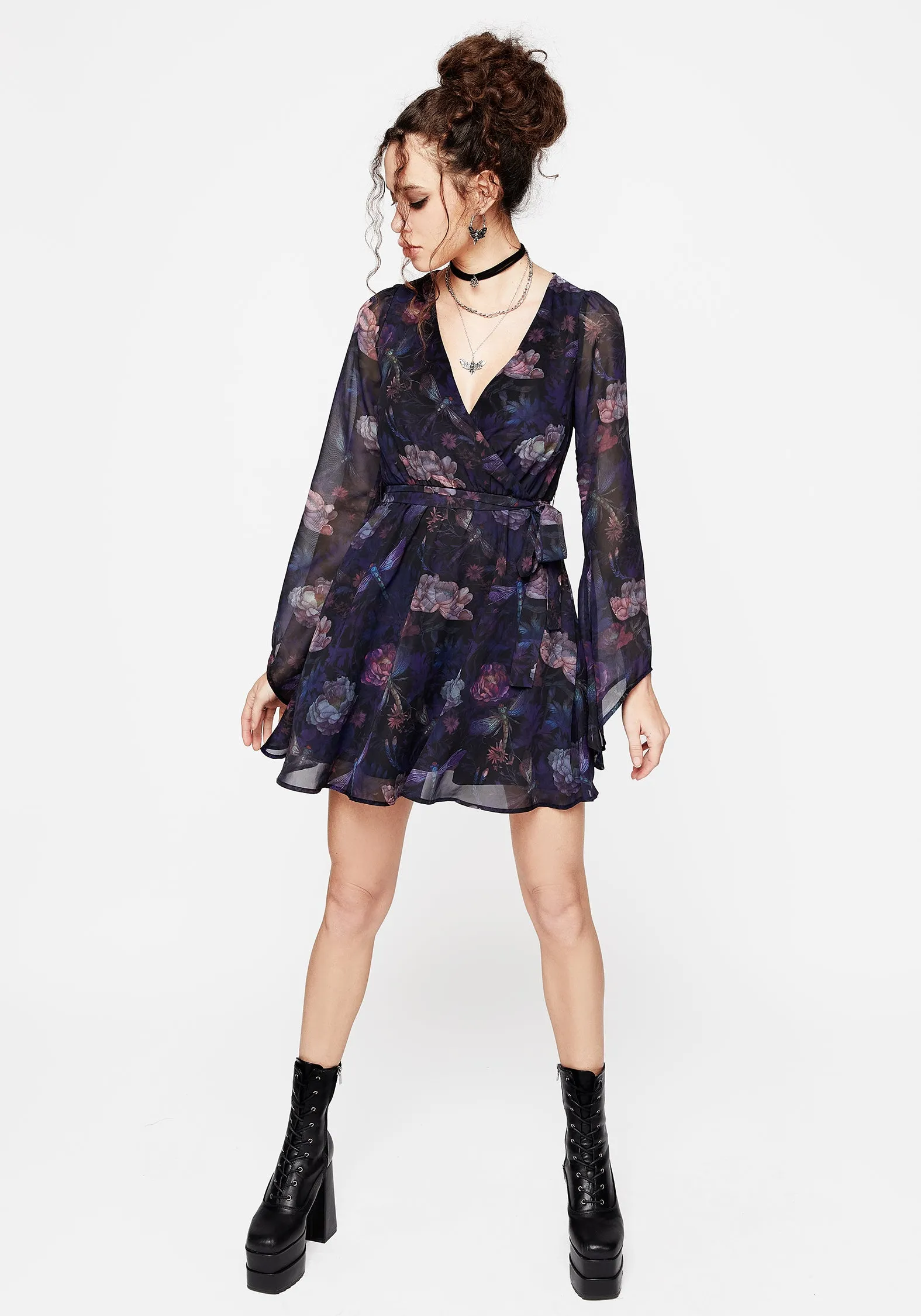 Flexible Knit Structure Low Bulk Dragonfly Floral Print Flute Sleeve Chiffon Mini Dress