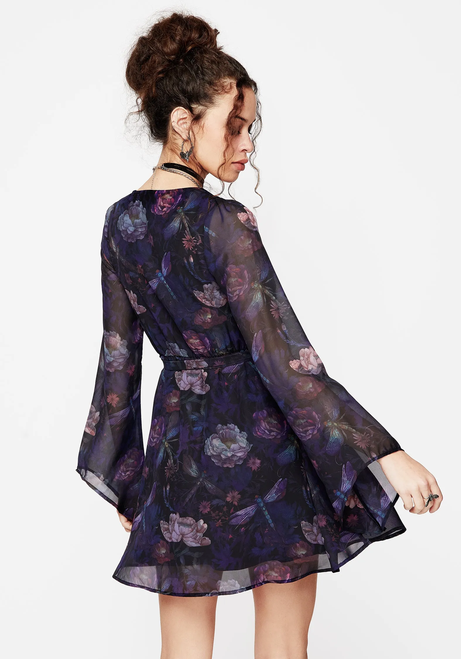 Dragonfly Floral Print Flute Sleeve Chiffon Mini Dress Self Spice Simple Style