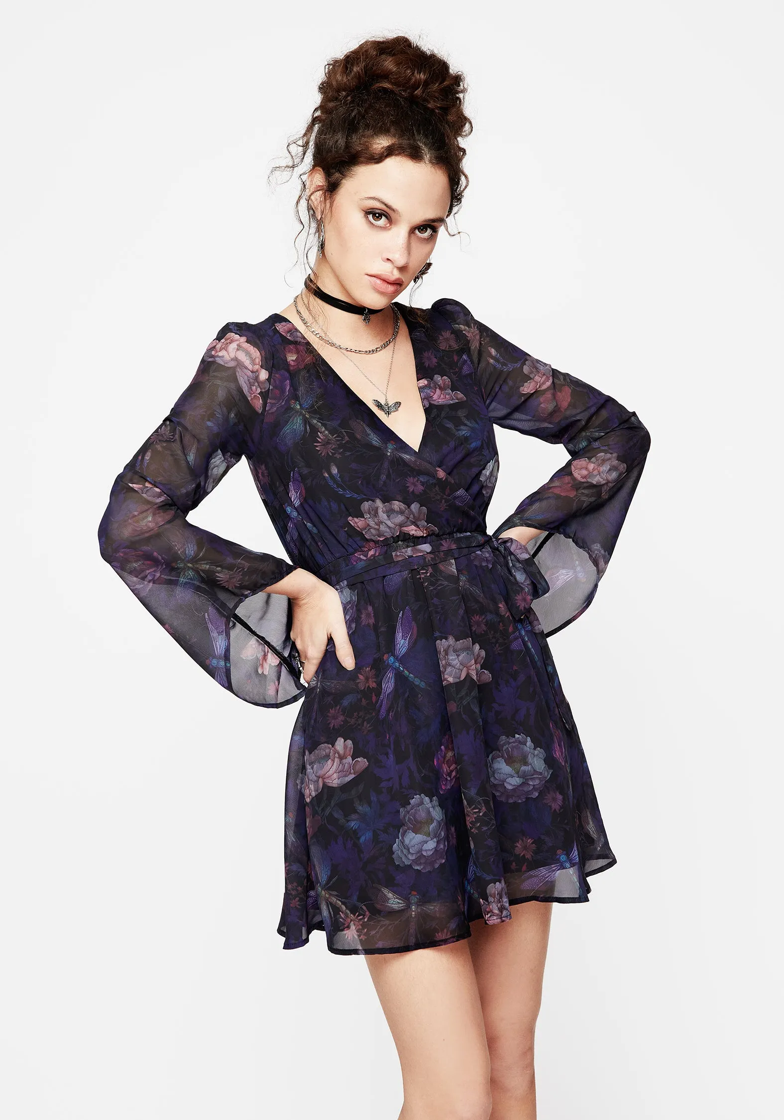 Dragonfly Floral Print Flute Sleeve Chiffon Mini Dress Shiny Tone