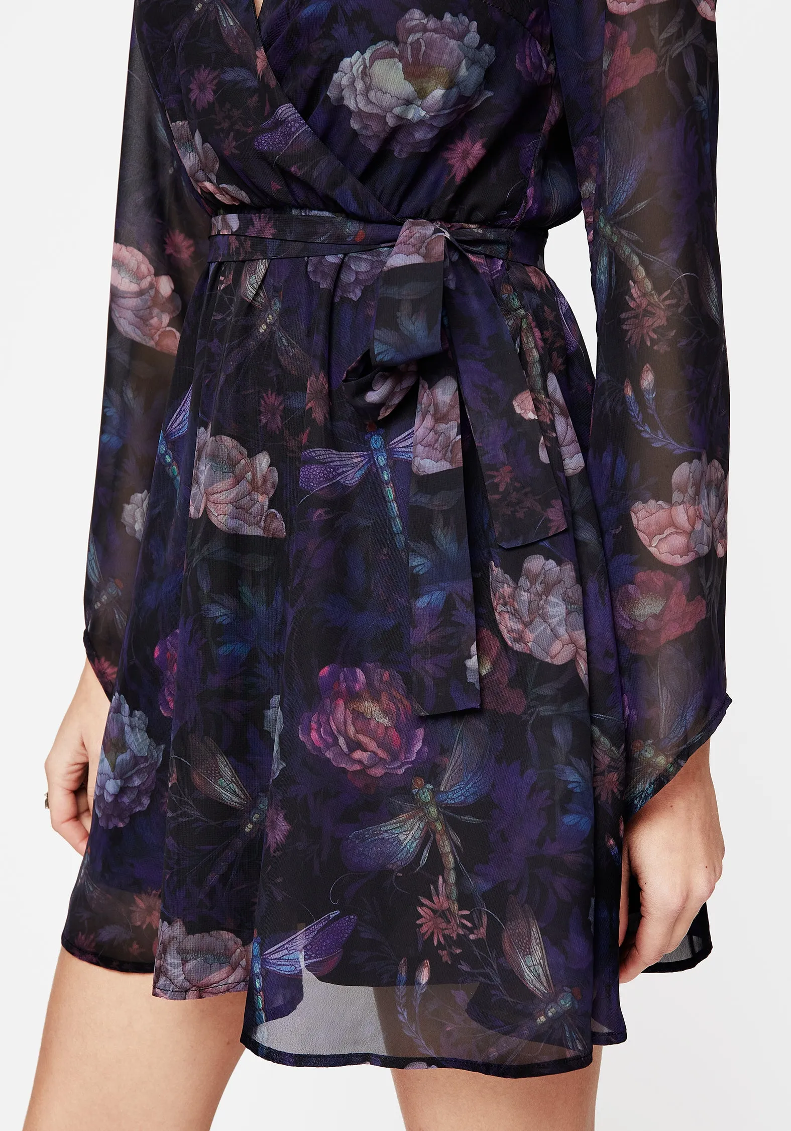 Party Glow Party Ready Dragonfly Floral Print Flute Sleeve Chiffon Mini Dress