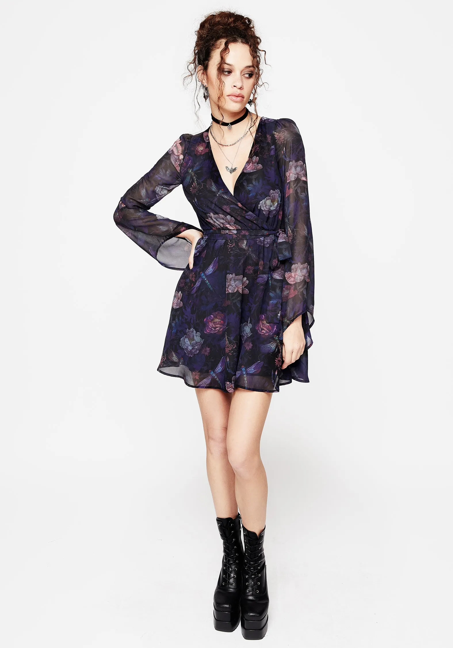 Floral Design Wear Dragonfly Floral Print Flute Sleeve Chiffon Mini Dress