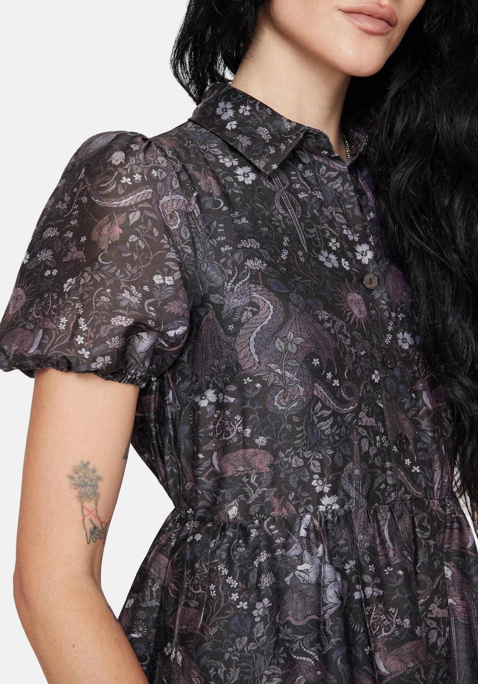 Stage Warm Reinforced Elbows Haunt Medieval Print Chiffon Smocked Mini Dress