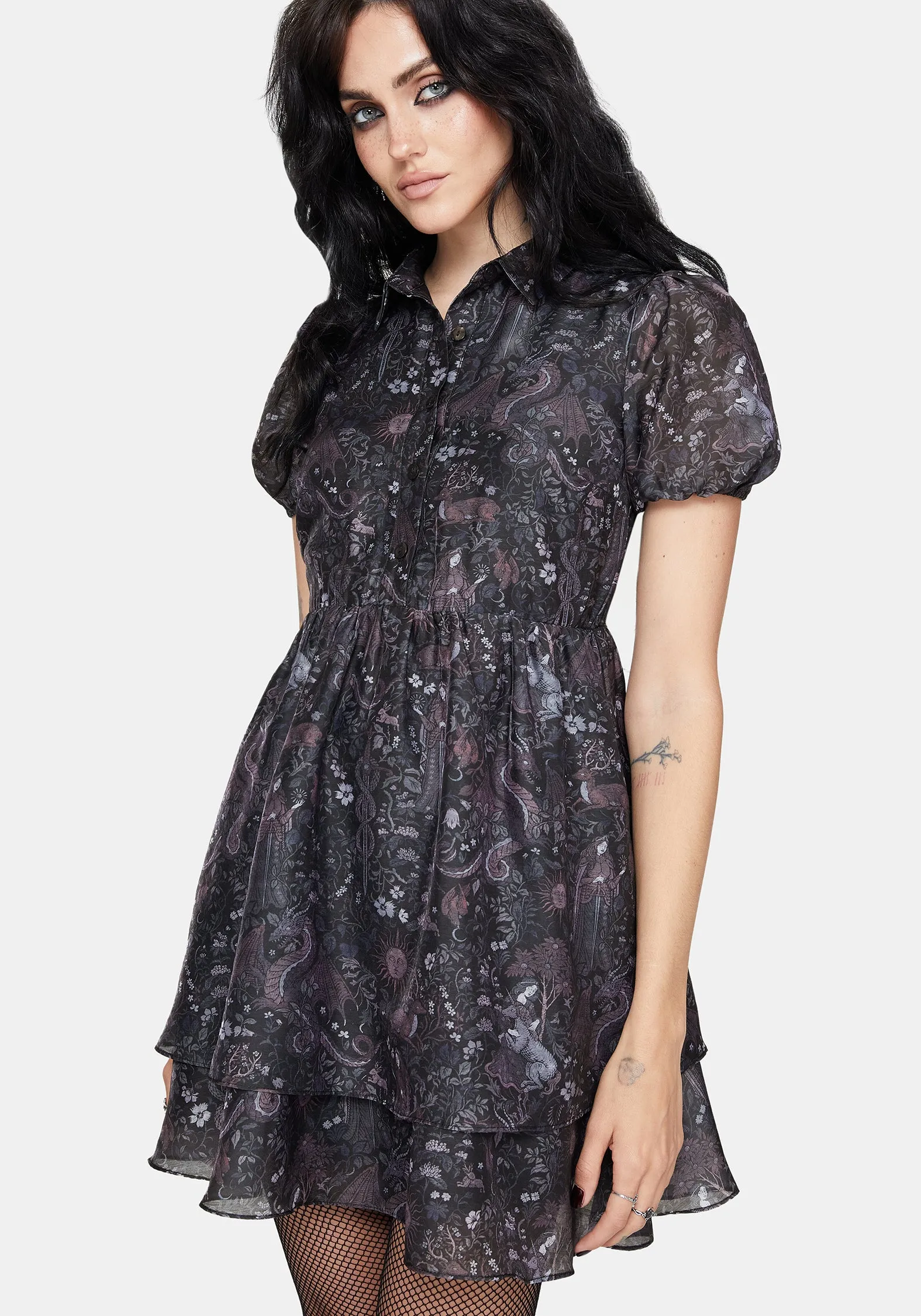 Stage Mode Simple yet chic mini Haunt Medieval Print Chiffon Smocked Mini Dress