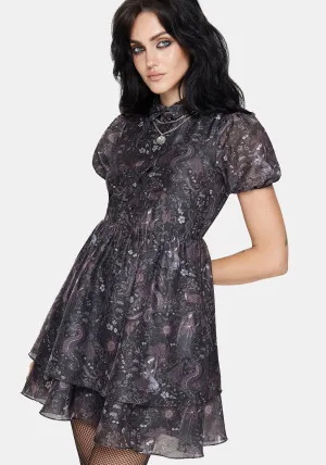 Vibrant patterned mini Trendy Mood Haunt Medieval Print Chiffon Smocked Mini Dress