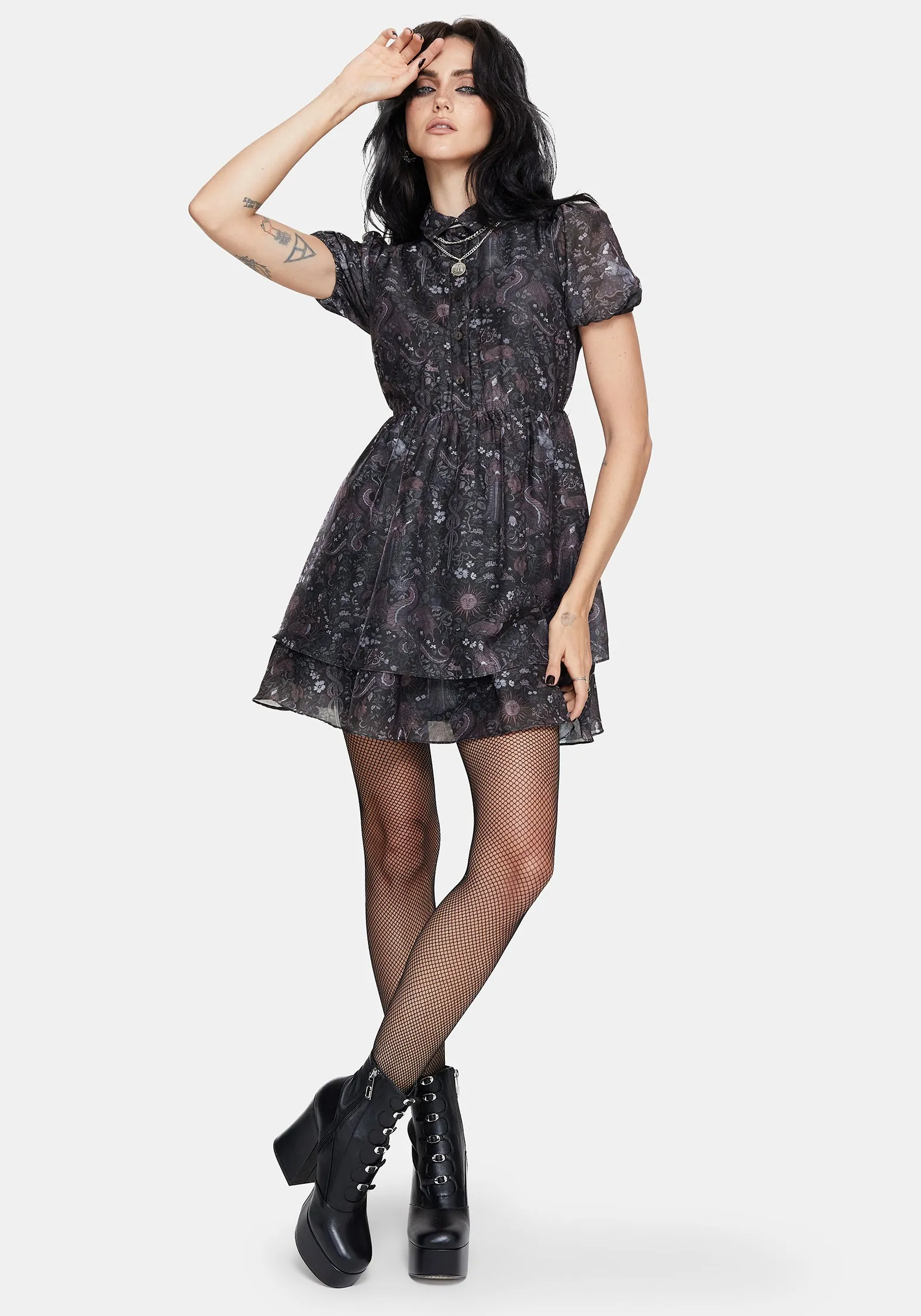 Haunt Medieval Print Chiffon Smocked Mini Dress Photo Ready