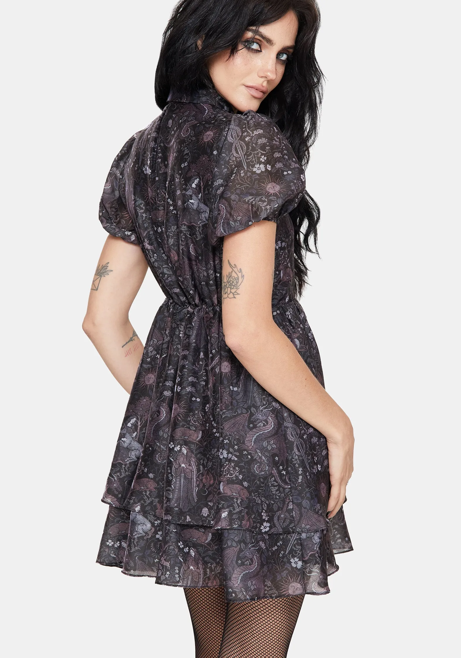 Fun Glam Charming Look Haunt Medieval Print Chiffon Smocked Mini Dress
