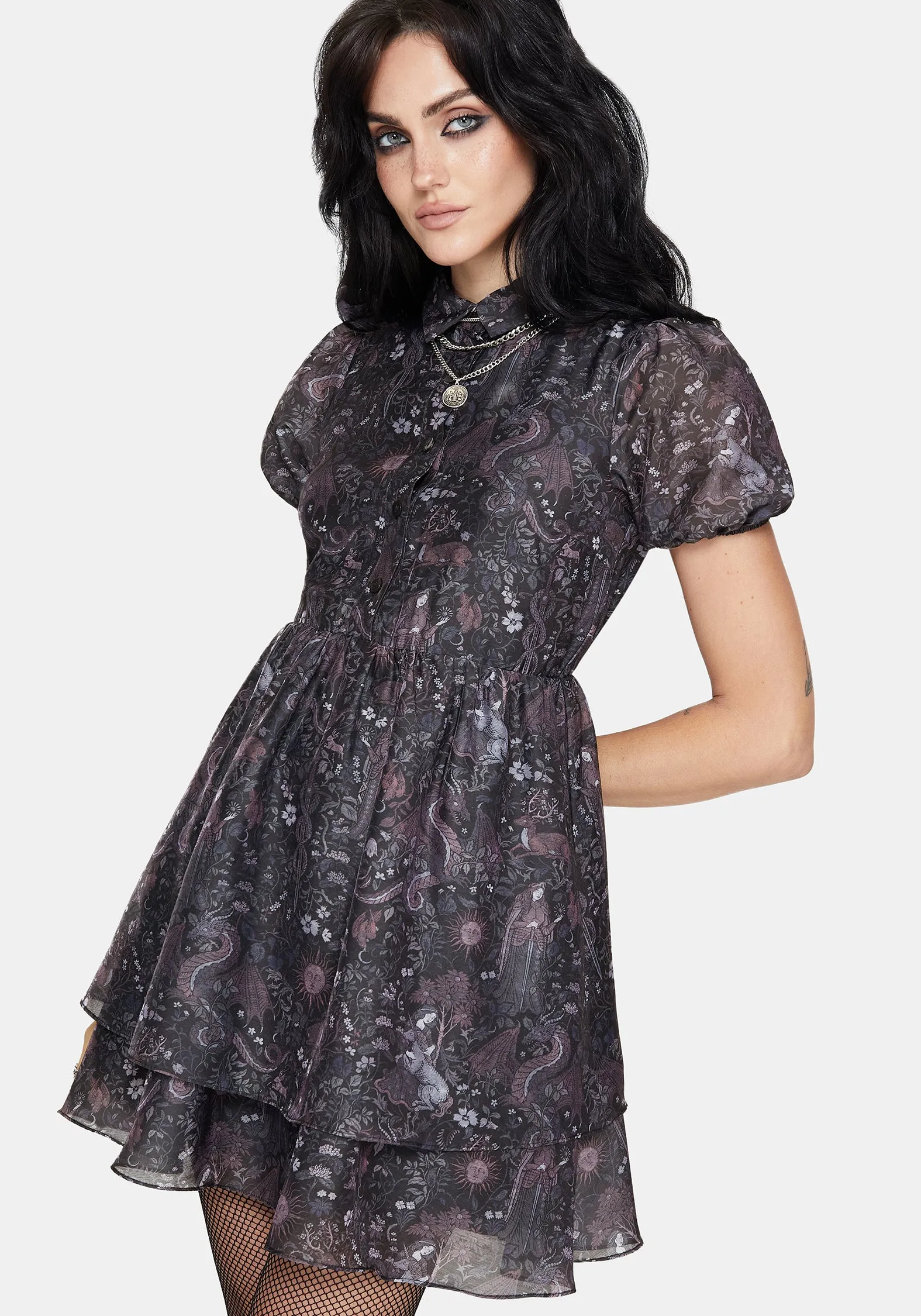 Vibrant patterned mini Trendy Mood Haunt Medieval Print Chiffon Smocked Mini Dress
